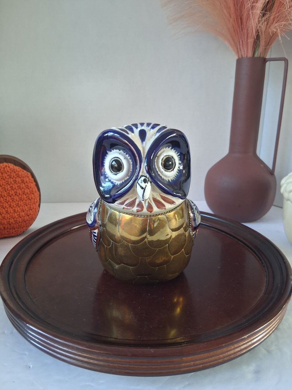 VTG! MCM-Mexican Jalisco/Tonala Brass and Ceramic Armored Owl Figurine; Folk Art